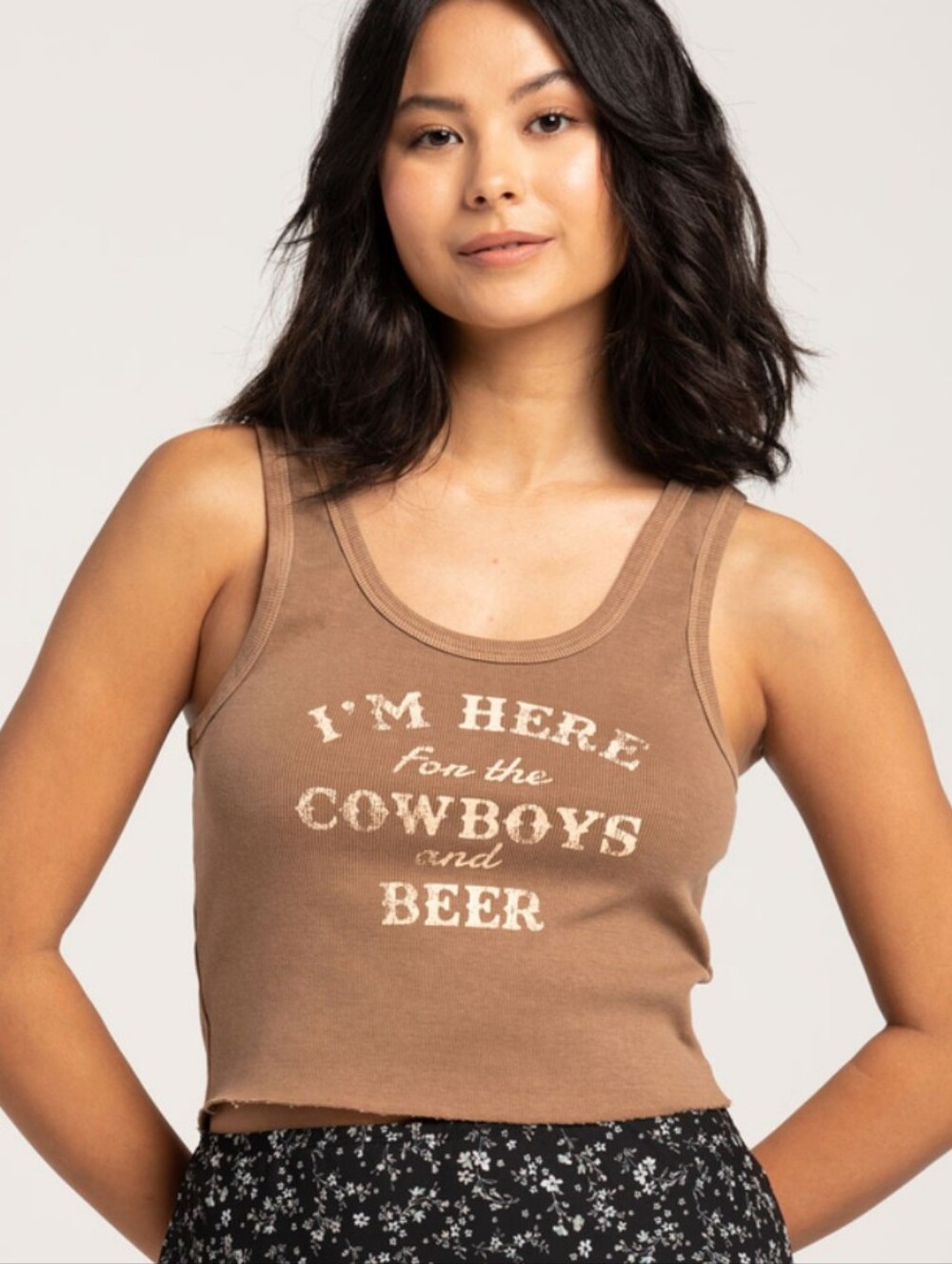Full Tilt Brown Graphic Cropped Tank - 'I'm Here for the Cowboys and Beer'
